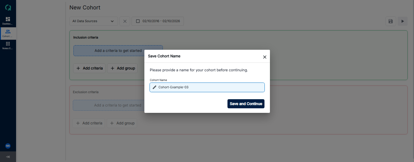Cohort Analytics interface showing the cohort list and navigation to create a new cohort