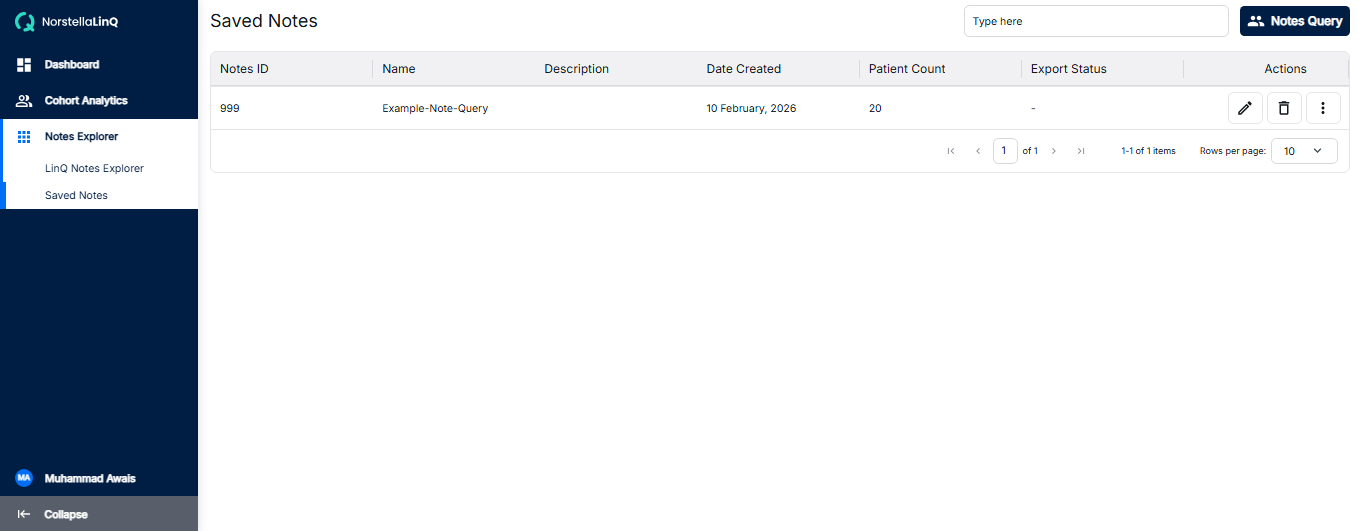 Saved Notes Query details view