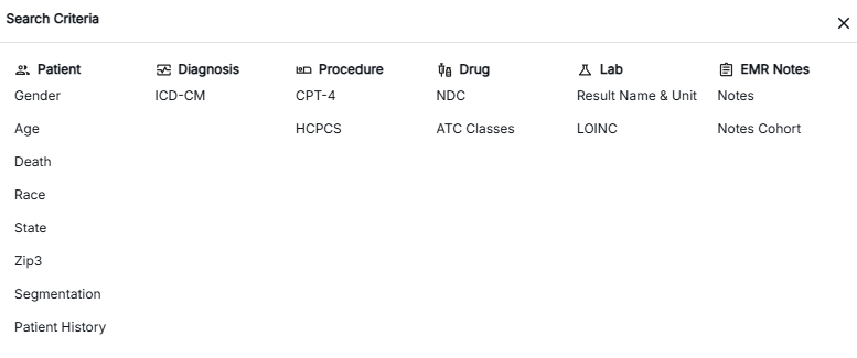 Search criteria dropdown showing available criteria types