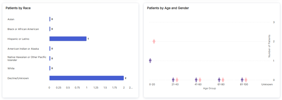 Patient Demographics showing Patients by Race horizontal bar chart and Patients by Age and Gender scatter plot