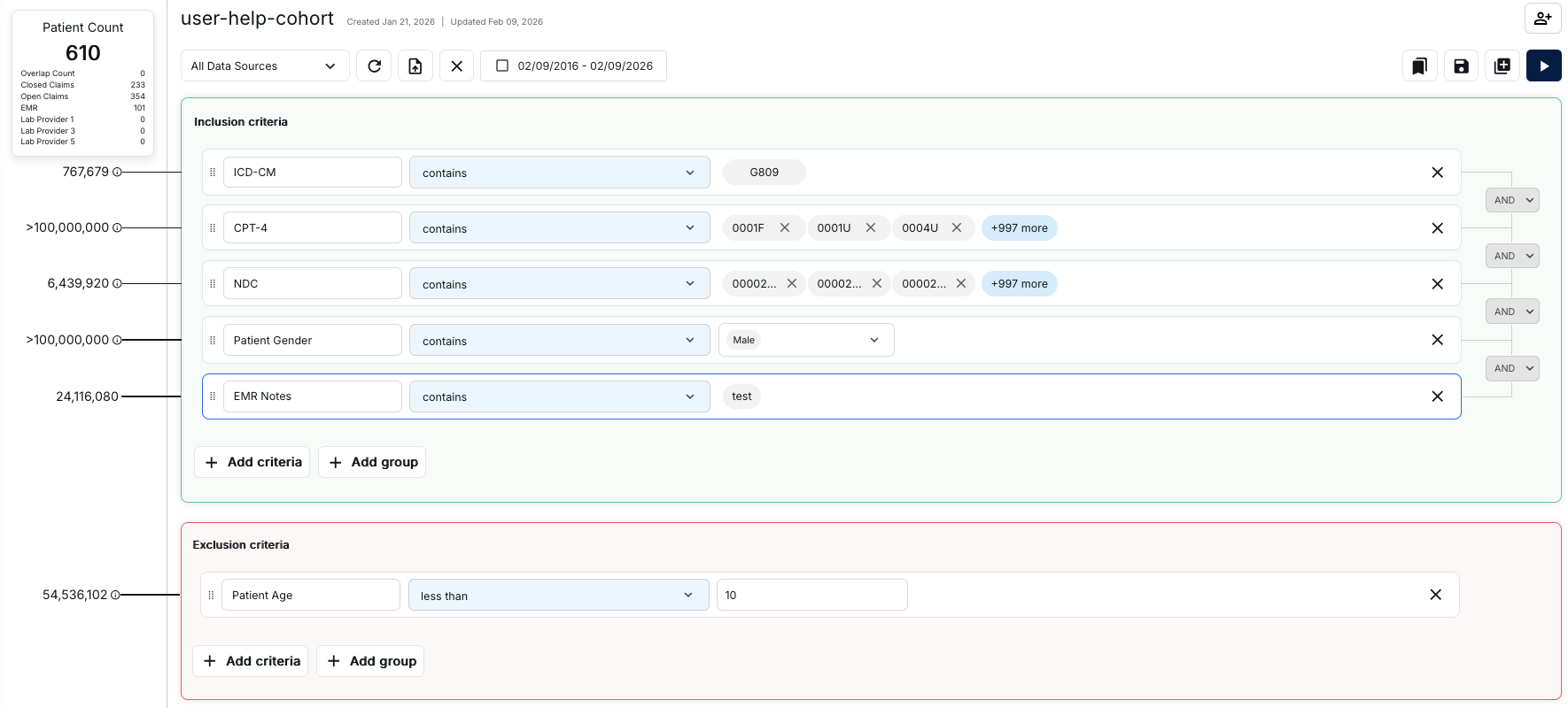 Cohort Builder interface showing inclusion and exclusion criteria sections with patient count panel, multiple criteria rows, and data source breakdown