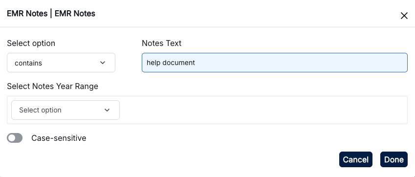 EMR Notes criteria configuration interface