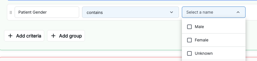 Patient gender criteria configuration interface showing gender selection dropdown