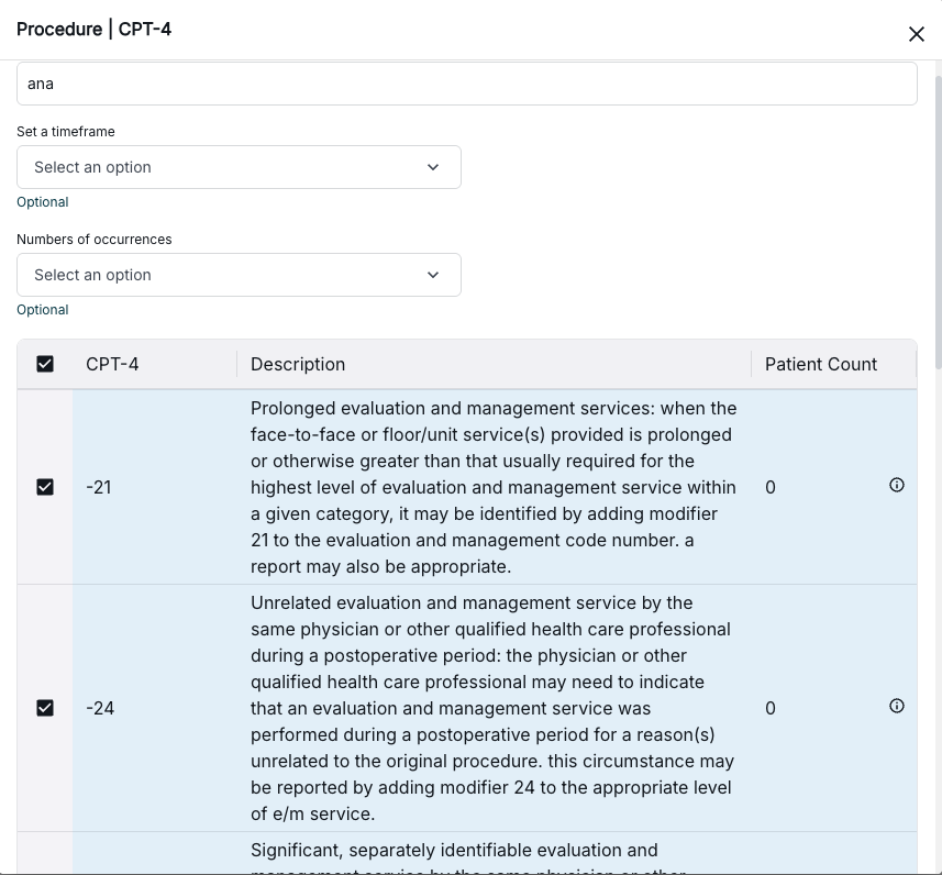 CPT-4 procedure criteria configuration interface