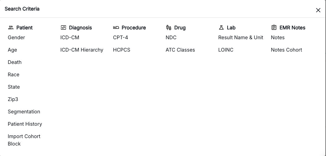 Search criteria interface showing demographic options