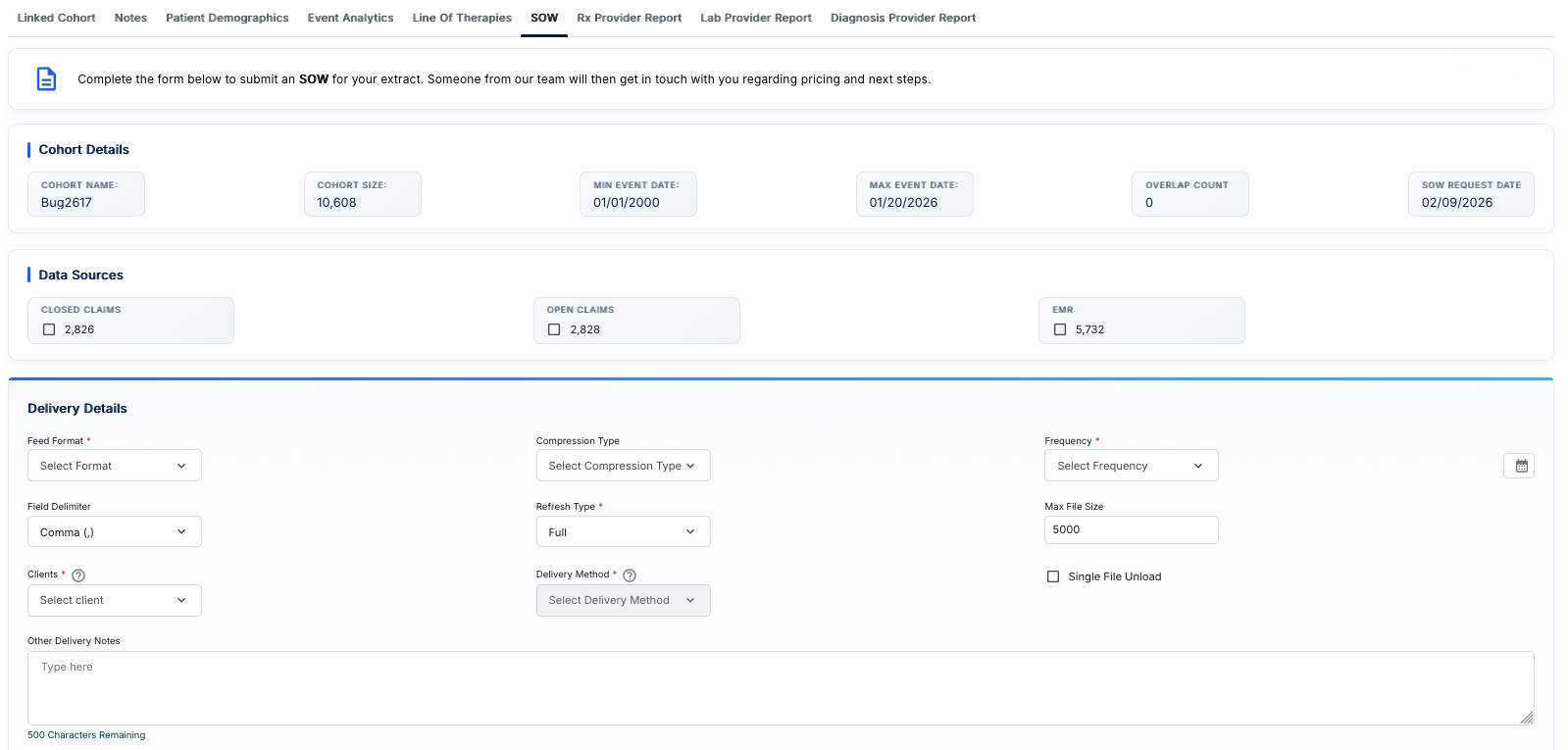 SOW interface showing Cohort Details, Data Sources, and Delivery Details form sections