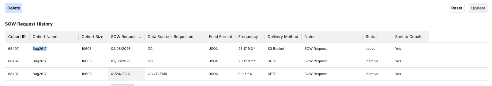 SOW Request History table showing previous SOW requests with cohort information, delivery details, and status